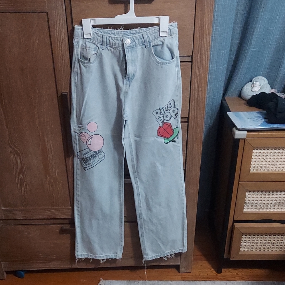 Justice blue jeans w/ bazooka and ring pop graphics